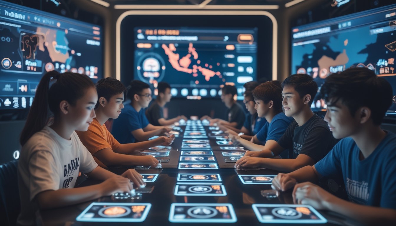 Sekelompok orang muda bermain game kartu multiplayer di meja digital dengan layar interaktif di ruangan modern.