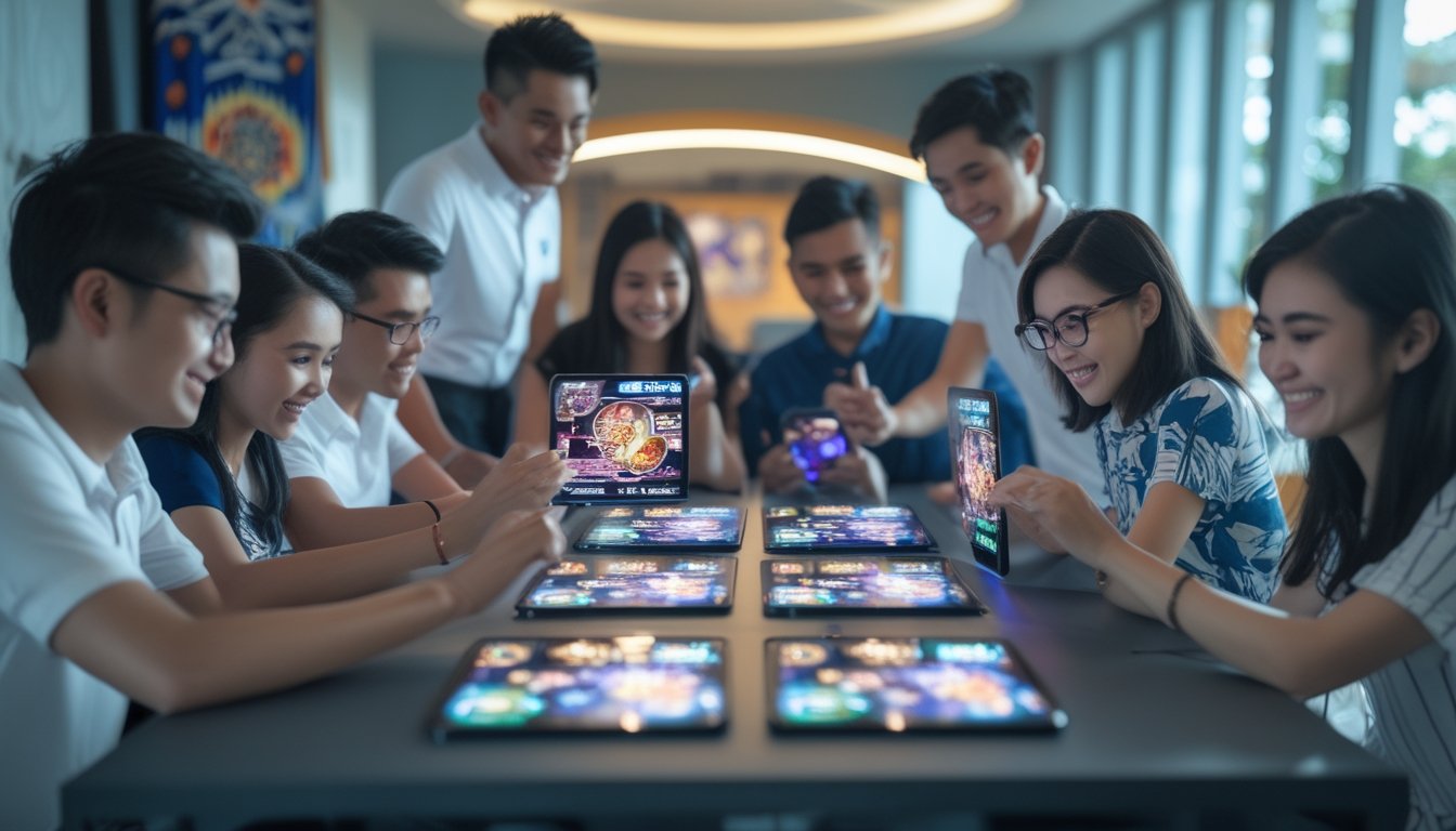 Sekelompok orang muda sedang bermain game kartu multiplayer di meja dengan perangkat digital di sebuah ruangan modern yang menampilkan elemen budaya Indonesia.