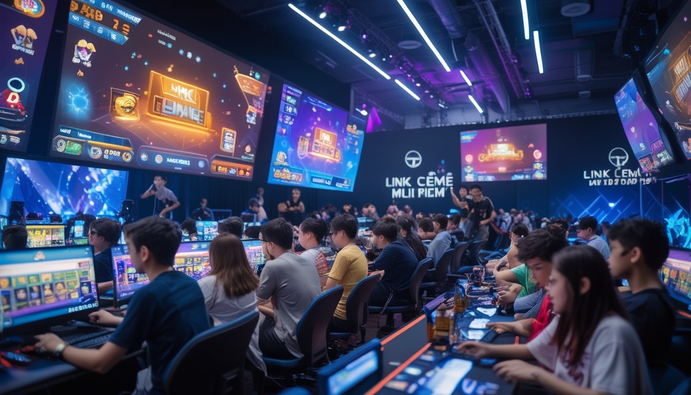 Sejumlah pemain muda berkumpul di arena permainan digital yang ramai, fokus bermain game kartu dengan suasana kompetitif dan penuh semangat.