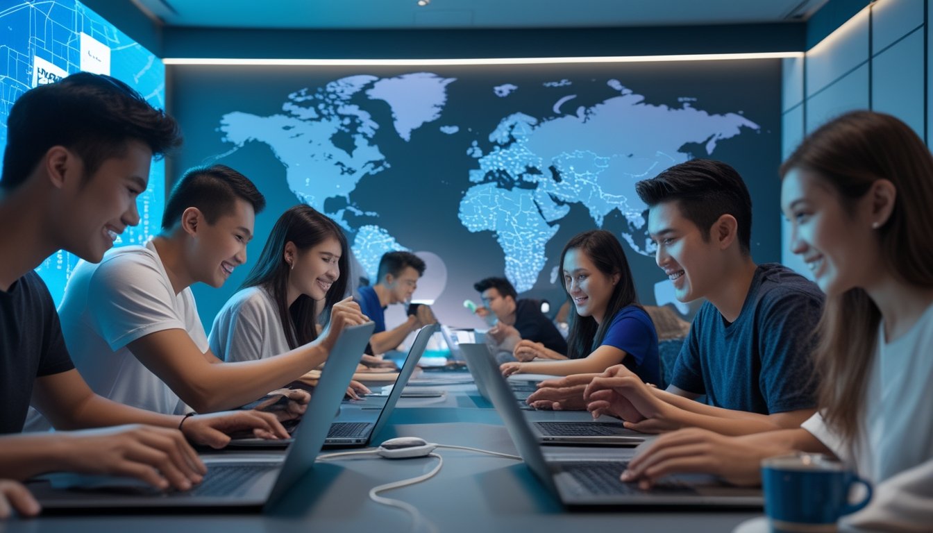 Sekelompok orang muda sedang bermain permainan kartu Ceme secara multiplayer di ruangan modern dengan perangkat digital.