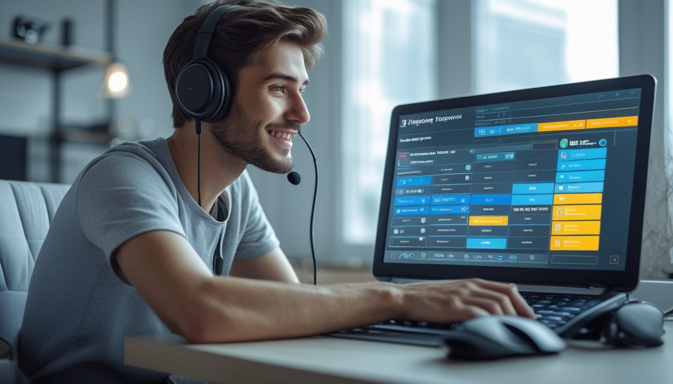 Seorang pemula muda sedang belajar mendaftar permainan multiplayer online di depan laptop di ruang modern yang terang.