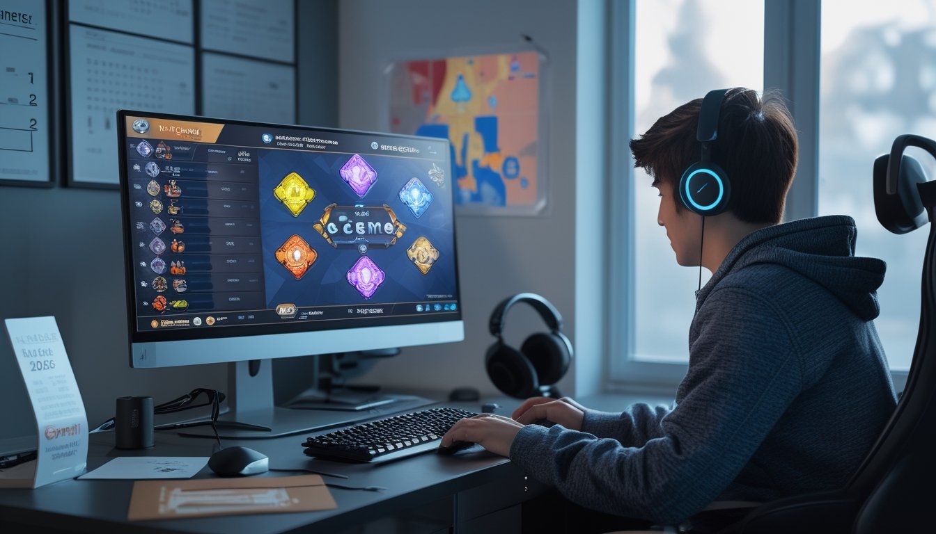 Seorang pemuda duduk di meja kerja modern menggunakan komputer dengan tampilan permainan kartu multiplayer, di latar belakang terdapat peta regional dan kalender tahun 2026.