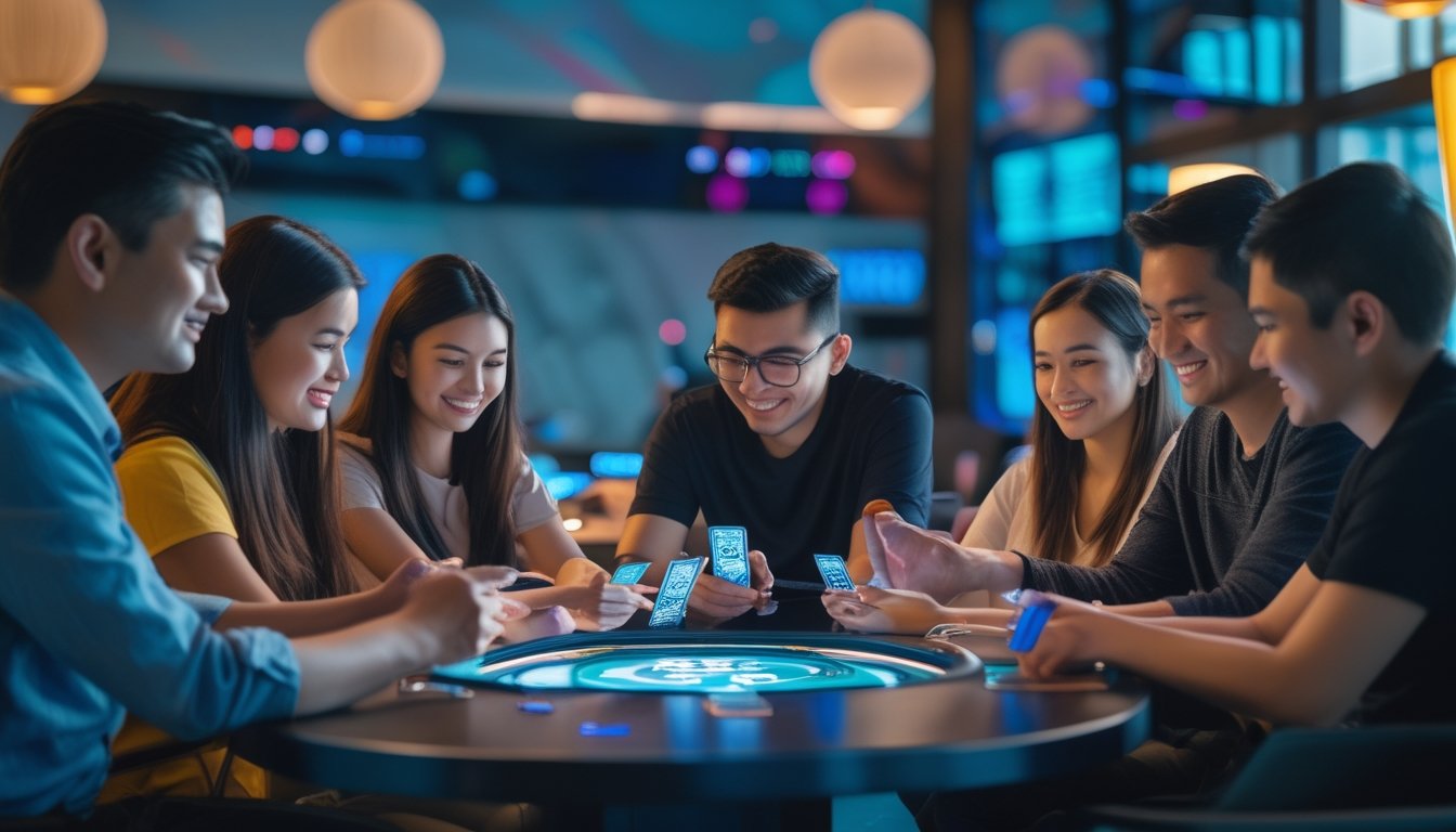 Sekelompok orang bermain permainan kartu Ceme secara multiplayer menggunakan perangkat digital di meja modern.