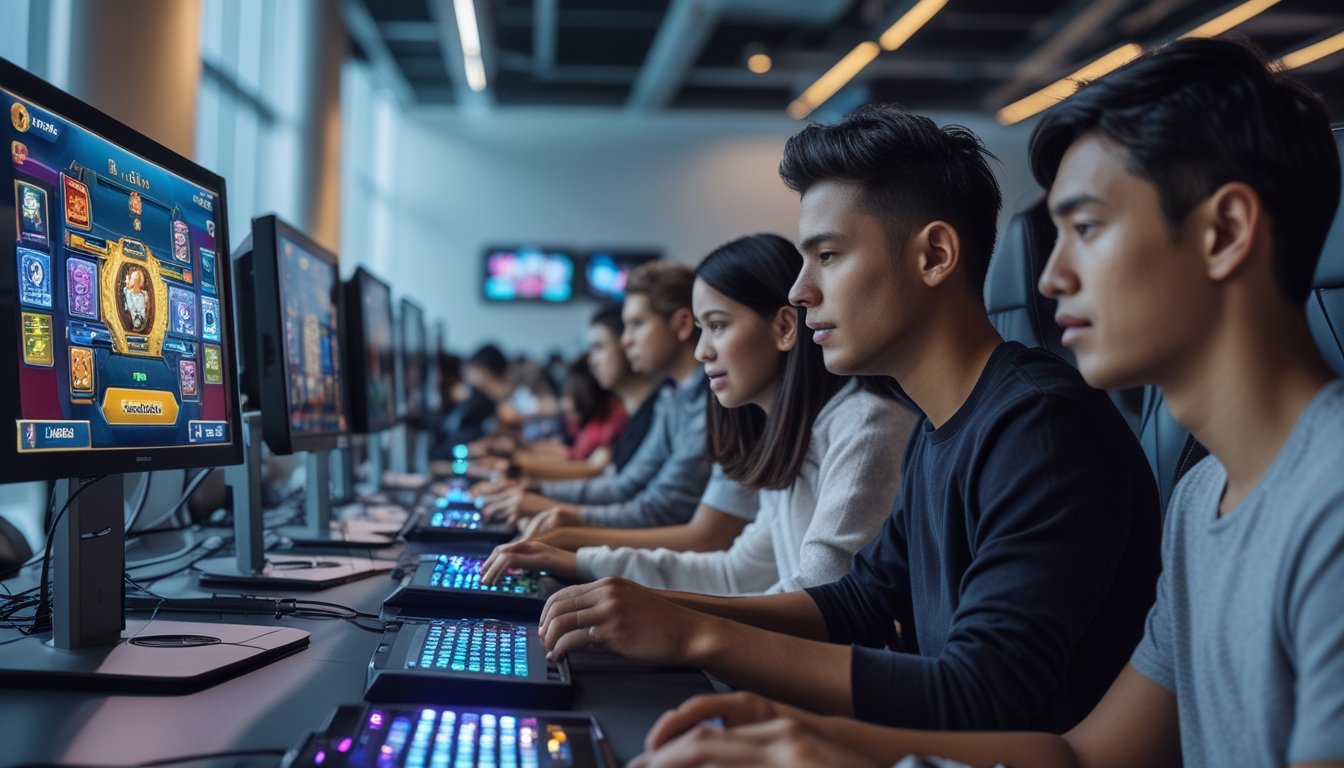 Sekelompok orang bermain game multipemain kartu di ruang game modern dengan peralatan canggih dan suasana ramai.