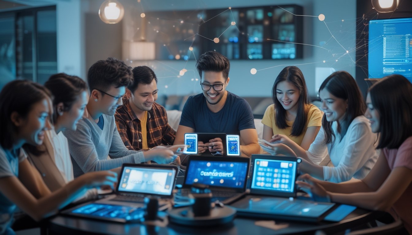 Sekelompok orang bermain game kartu Ceme secara online di ruang modern dengan perangkat digital, menunjukkan interaksi dan konsentrasi dalam suasana santai.