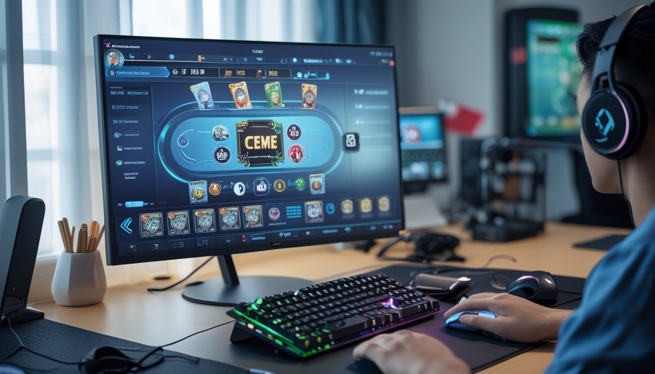 Seseorang sedang bermain game kartu multiplayer di komputer dengan suasana meja yang rapi dan peralatan gaming di sekitar.