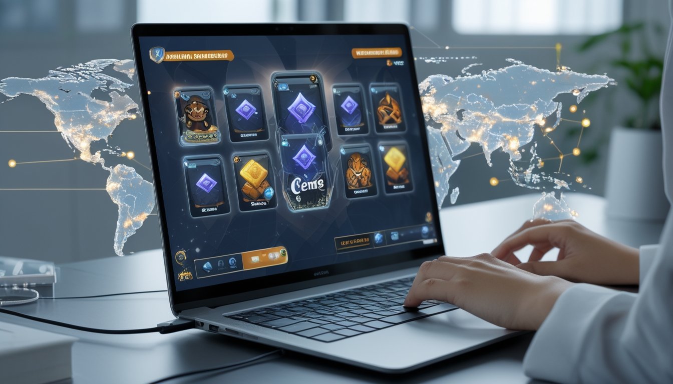 Seseorang menggunakan laptop di meja kerja dengan tampilan permainan kartu multiplayer di layar dan peta dunia di latar belakang.