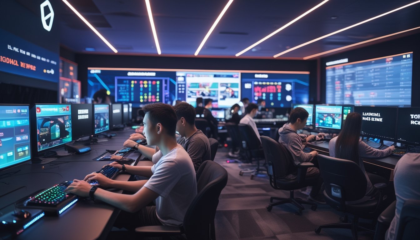 Beberapa orang muda sedang bermain game multiplayer di sebuah ruang gaming modern dengan pencahayaan warna-warni dan layar yang menampilkan permainan kartu.