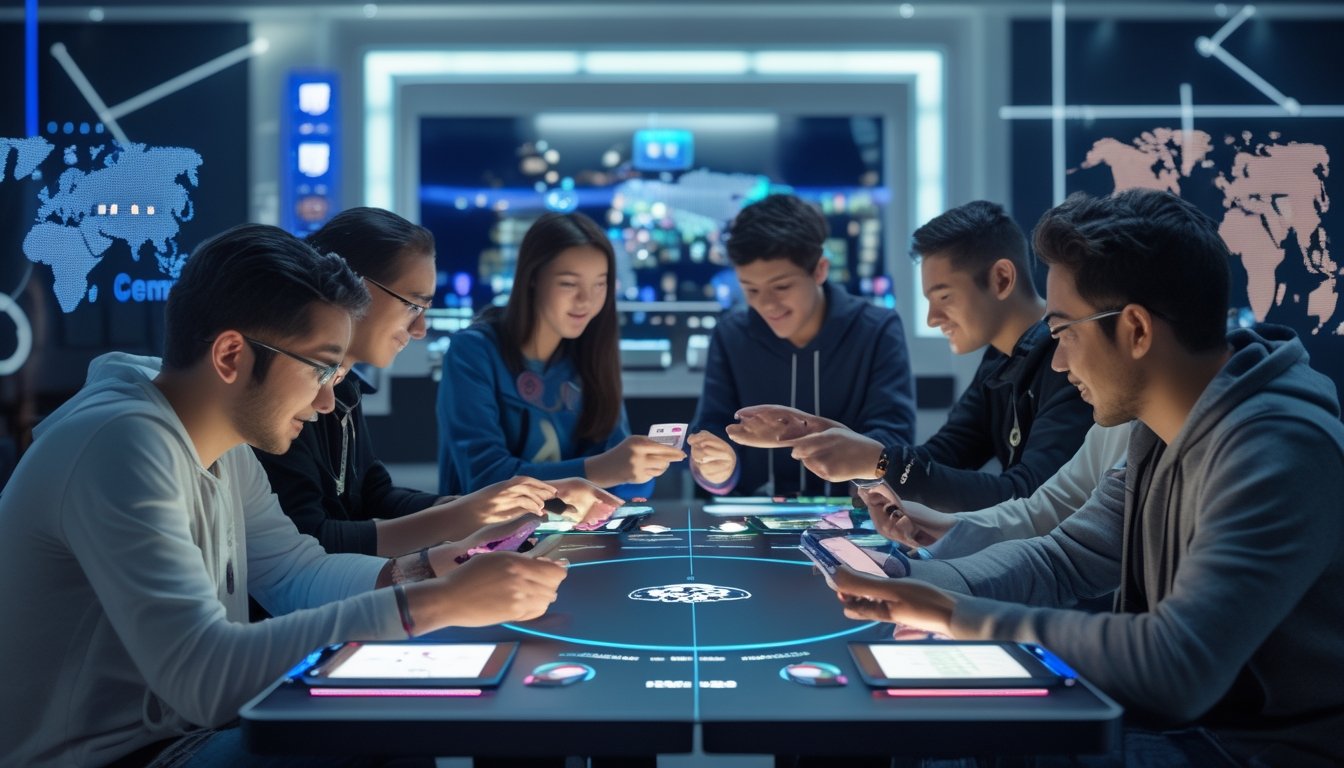 Sekelompok orang muda bermain permainan kartu Ceme secara multiplayer di meja digital dalam ruangan yang terang dan modern.