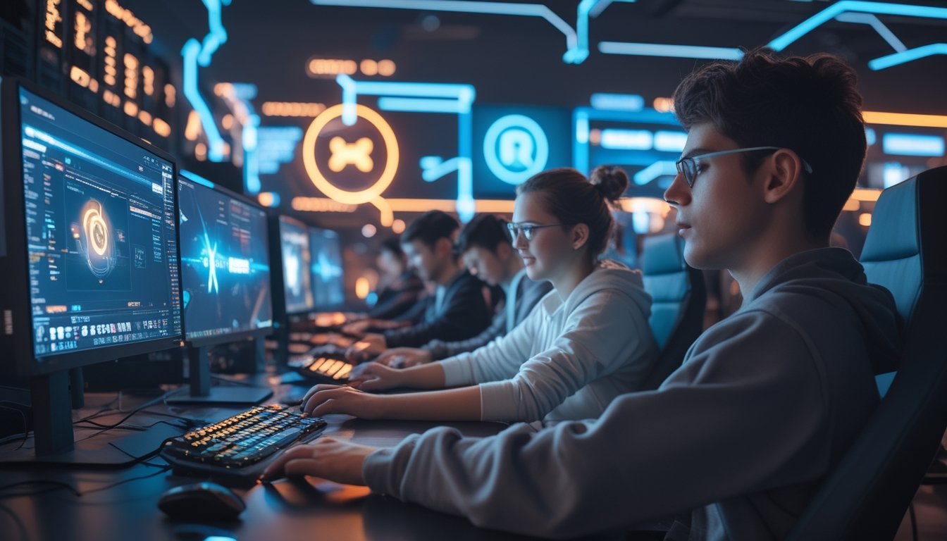 Sekelompok orang muda bermain game multiplayer di komputer dengan latar belakang server dan elemen digital yang menunjukkan koneksi cepat dan stabil.