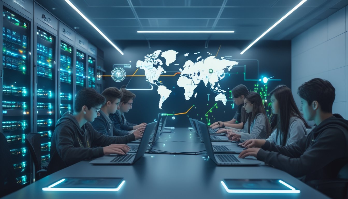 Beberapa orang muda bermain game secara online di depan server modern dengan peta digital yang menunjukkan koneksi regional.