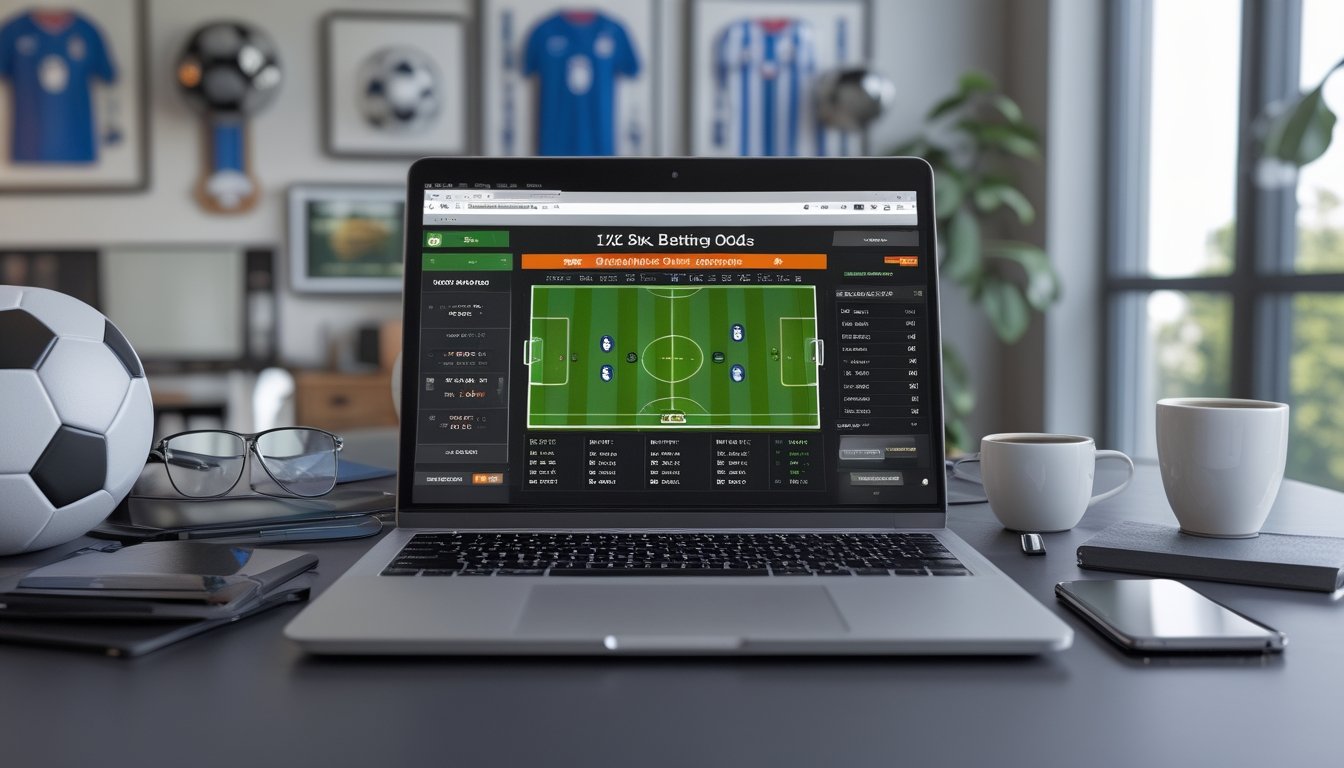 Meja kerja dengan laptop yang menampilkan dashboard taruhan sepak bola, bola sepak, dan ponsel dengan skor pertandingan langsung.