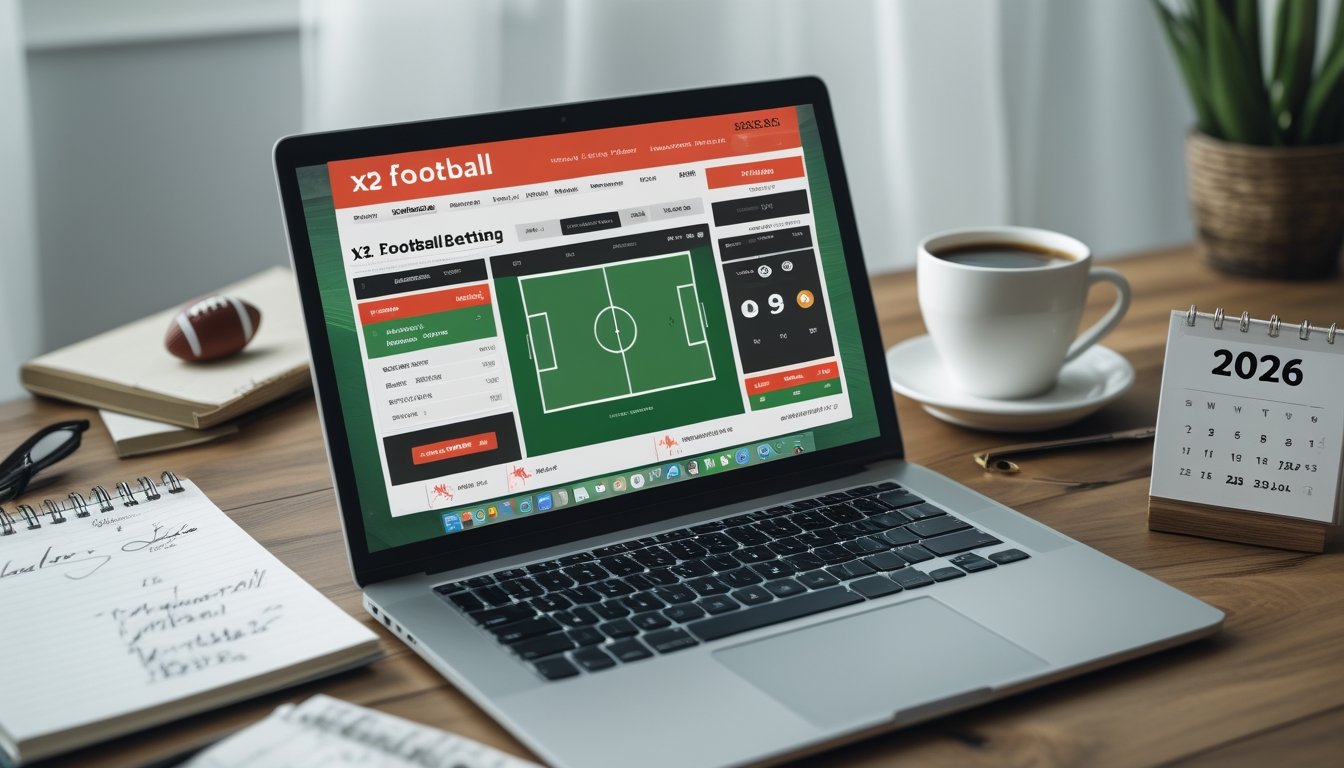 Seorang pengguna sedang melihat situs taruhan sepak bola 1X2 di laptop dengan meja kerja yang rapi dan perlengkapan pendukung di sekitarnya.