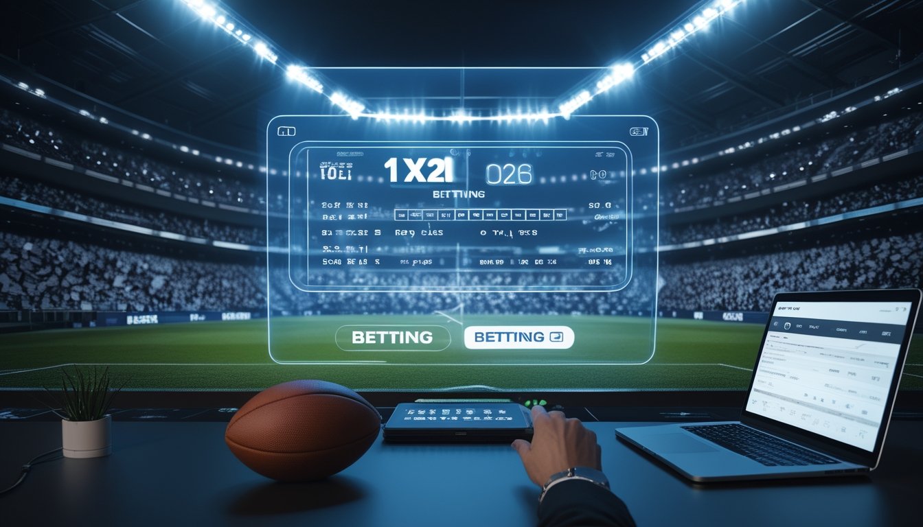 Suasana taruhan sepak bola dengan tampilan digital odds 1X2, stadion penuh penonton, dan seorang penjudi sedang melihat data taruhan.