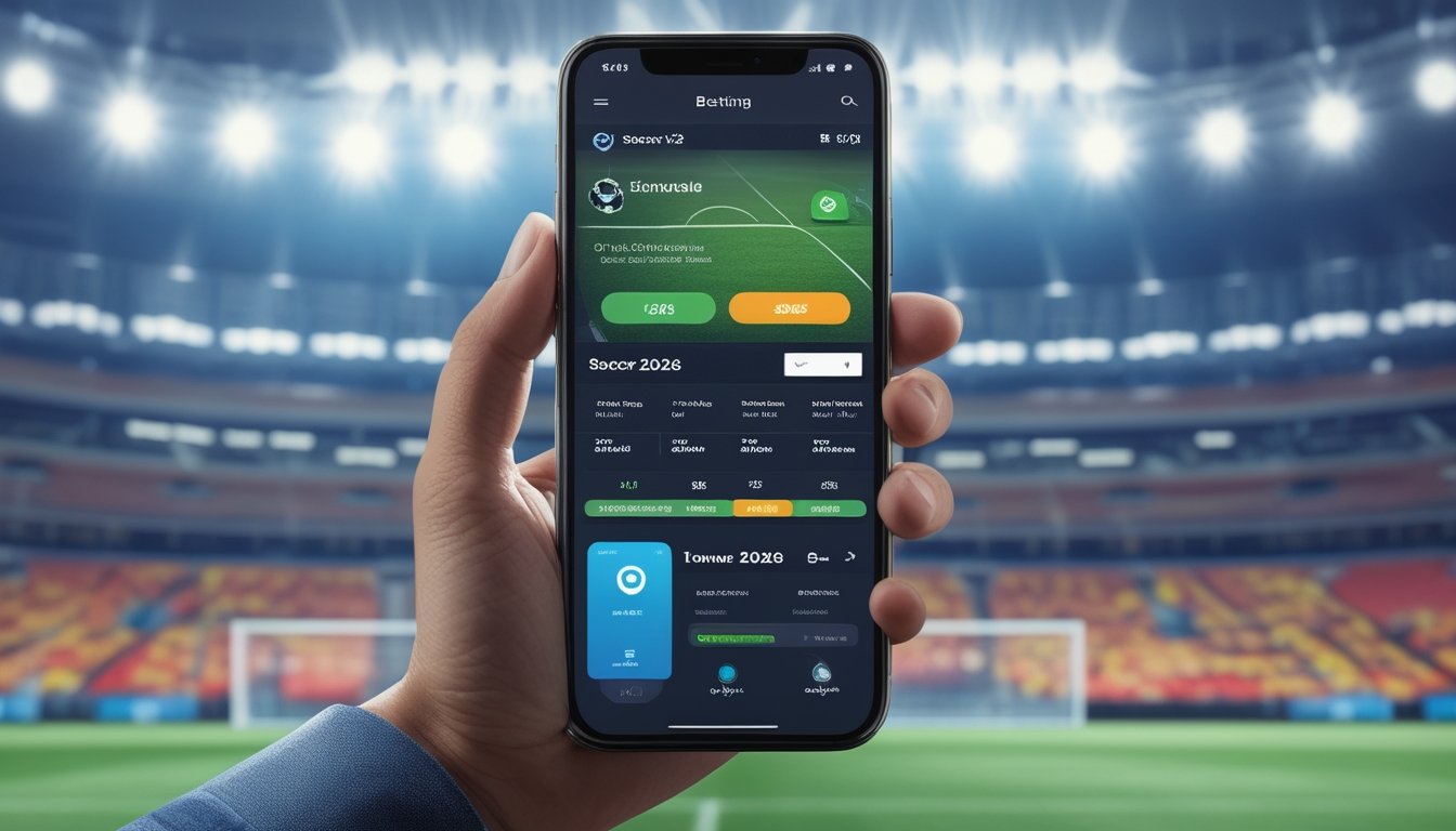 Sebuah ponsel modern menampilkan aplikasi taruhan sepak bola dengan latar stadion sepak bola yang ramai dan terang.