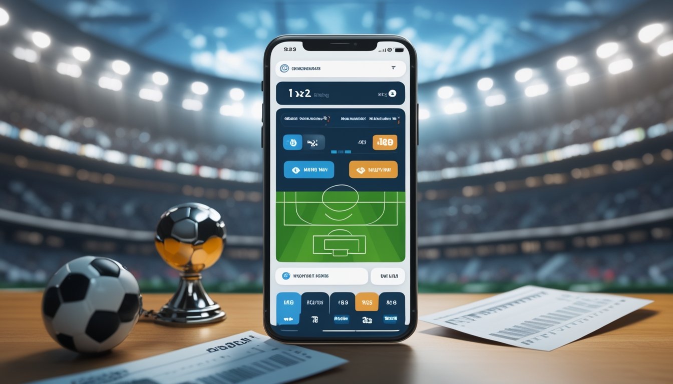 Sebuah ponsel menampilkan antarmuka taruhan sepak bola 1X2 dengan latar belakang stadion sepak bola yang ramai.