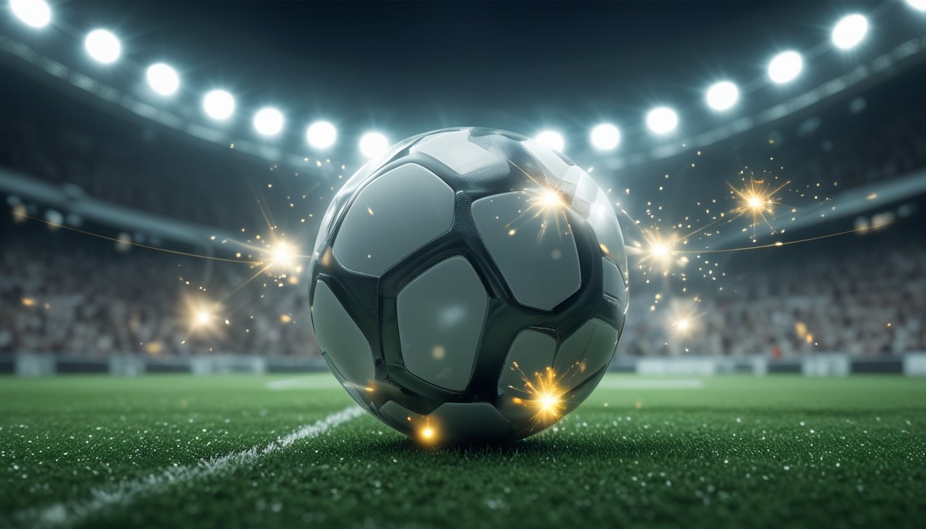 Bola sepak di lapangan hijau dengan lampu stadion dan penonton di latar belakang yang sedang bersorak.