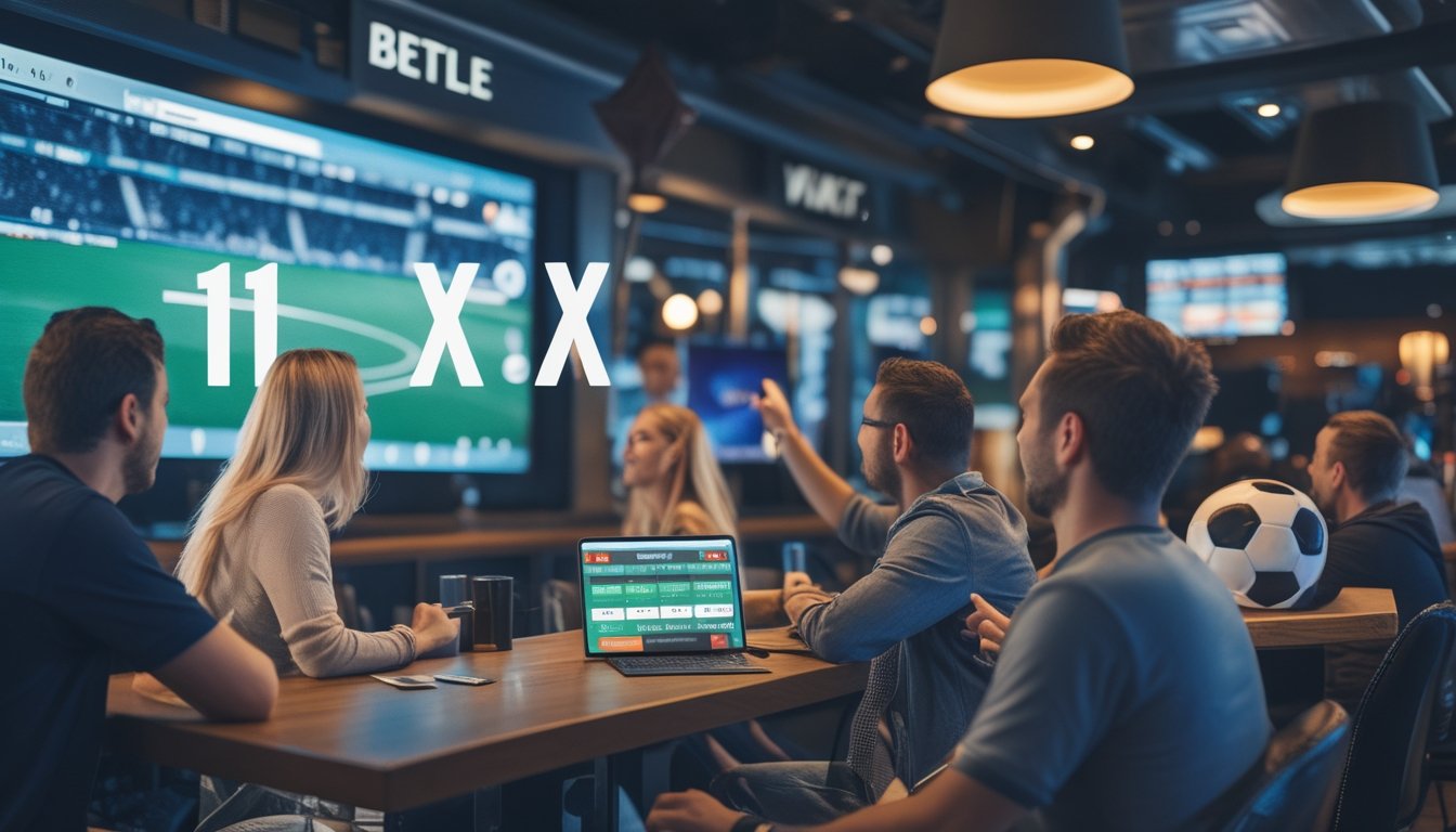 Sekelompok penggemar sepak bola menonton pertandingan langsung di layar besar dengan suasana penuh semangat dan elemen taruhan sepak bola 1X2 di latar belakang.