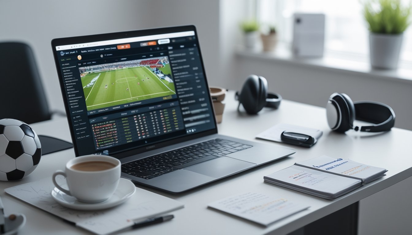 Meja kerja dengan laptop menampilkan pertandingan sepak bola dan aplikasi taruhan, bola sepak, catatan, dan kopi di lingkungan kantor yang terang.