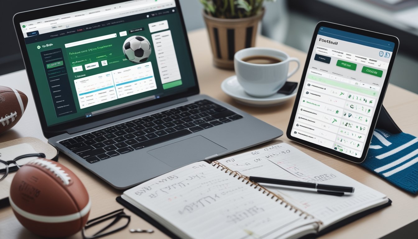 Meja kerja dengan laptop dan ponsel yang menampilkan situs taruhan sepak bola, dilengkapi dengan catatan dan bola kecil di sampingnya.