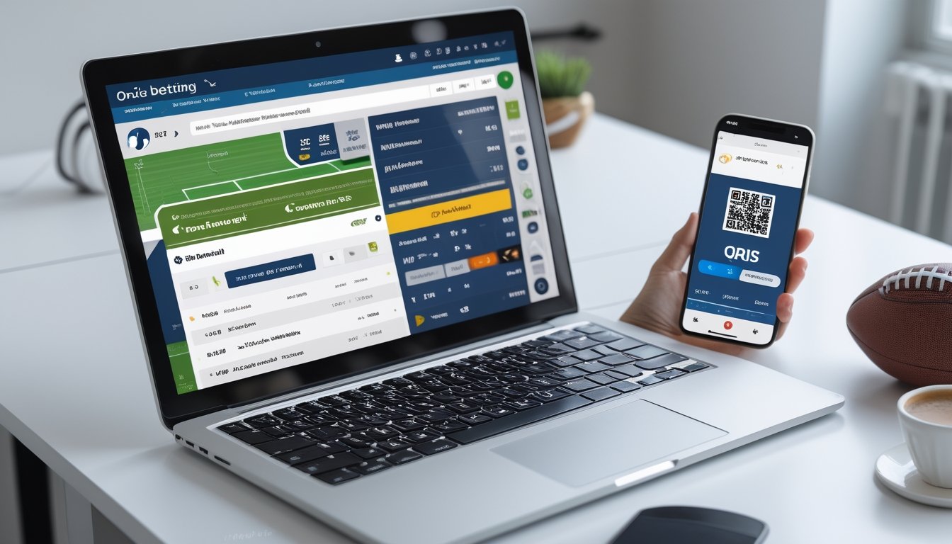 Seseorang menggunakan laptop dan smartphone untuk memasang taruhan sepak bola online dengan metode 1X2 dan pembayaran melalui QRIS dan dompet digital.