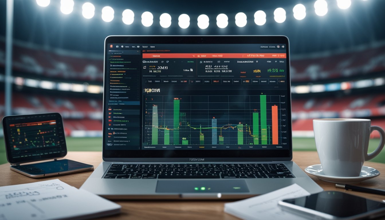 Seorang analis bekerja di meja dengan laptop yang menampilkan statistik sepak bola, ponsel dengan skor pertandingan, dan latar belakang stadion sepak bola yang terang.