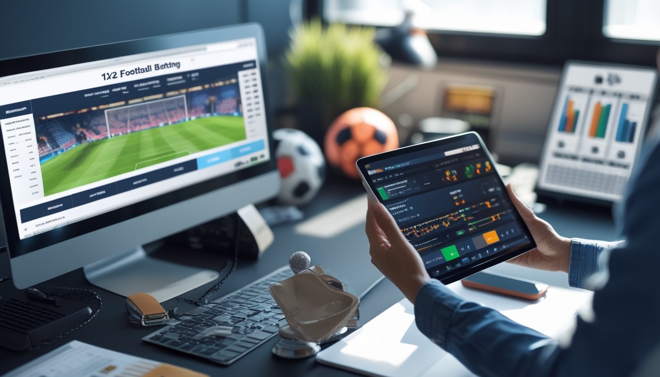 Seseorang sedang menganalisis statistik dan peluang taruhan sepak bola di depan layar komputer dengan pertandingan sepak bola di latar belakang.