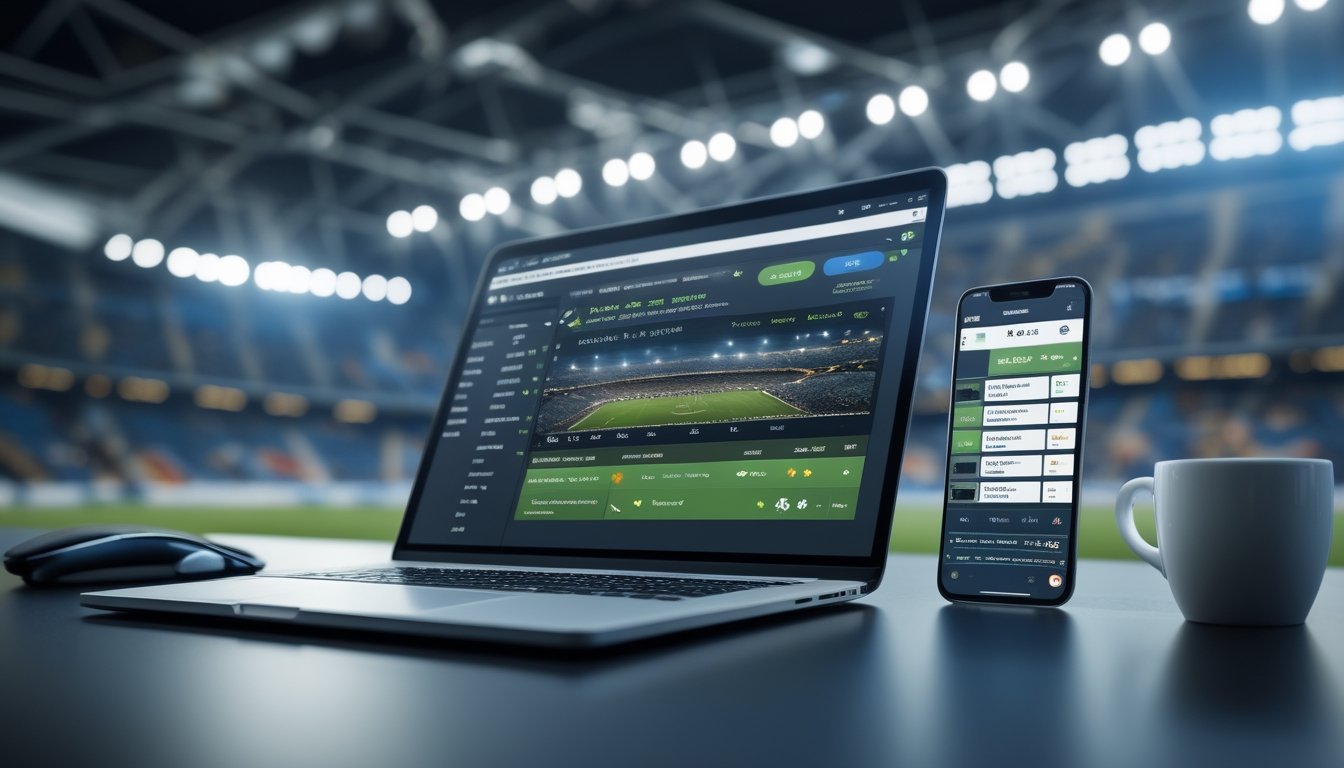 Meja kerja modern dengan laptop menampilkan pertandingan sepak bola dan aplikasi taruhan di ponsel, di latar belakang stadion sepak bola dengan penonton.