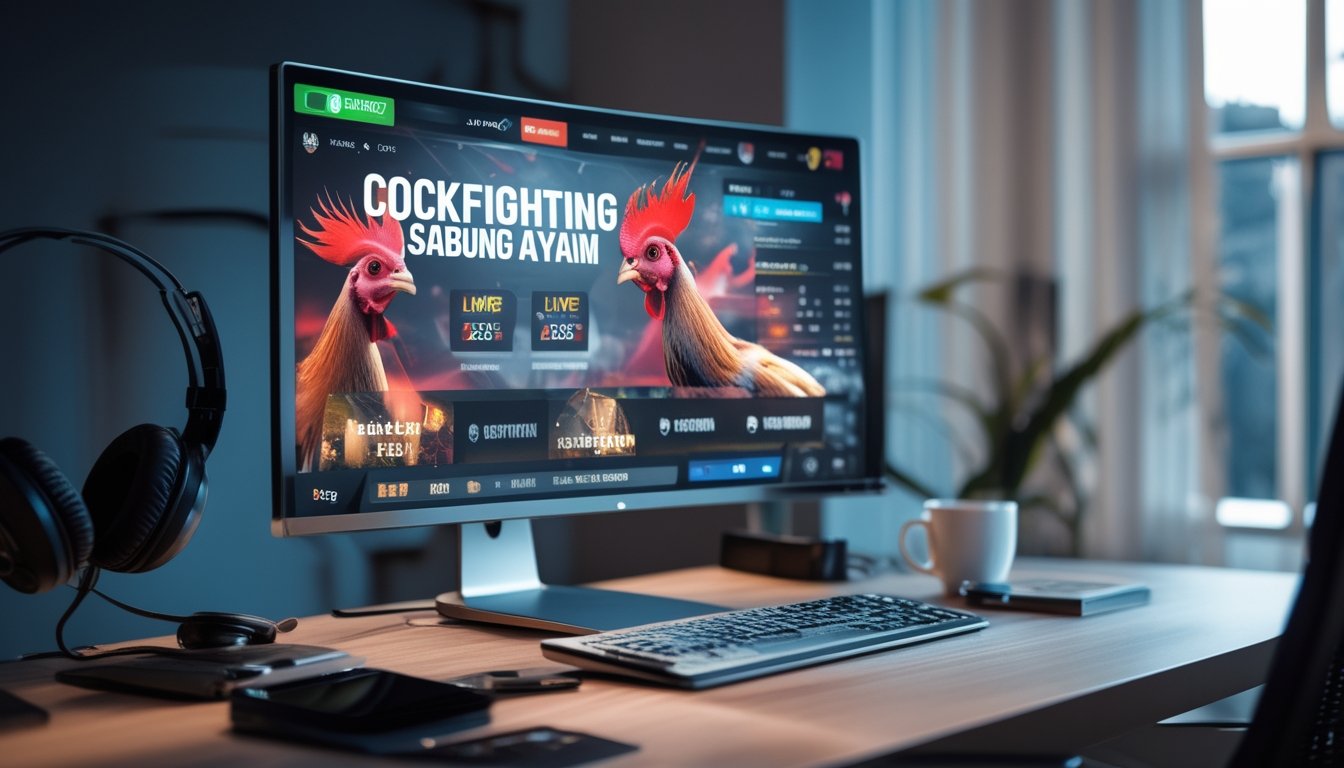Meja kerja modern dengan komputer menampilkan situs web permainan sabung ayam online, dilengkapi dengan ponsel dan headphone di sekitarnya.