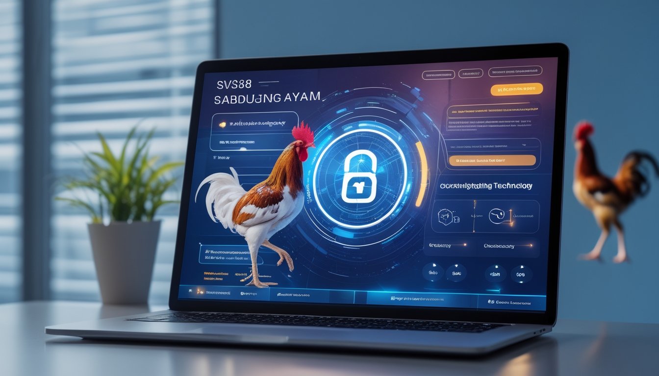 Layar perangkat digital menampilkan platform online yang terkait dengan sabung ayam SV388, dengan latar belakang gambar dua ayam jago sedang bertarung.