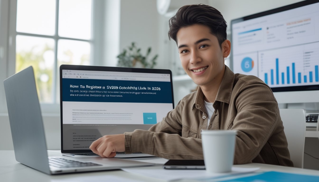 Seorang pemula sedang duduk di meja dengan laptop terbuka, fokus belajar cara mendaftar di platform online SV388 tahun 2026.