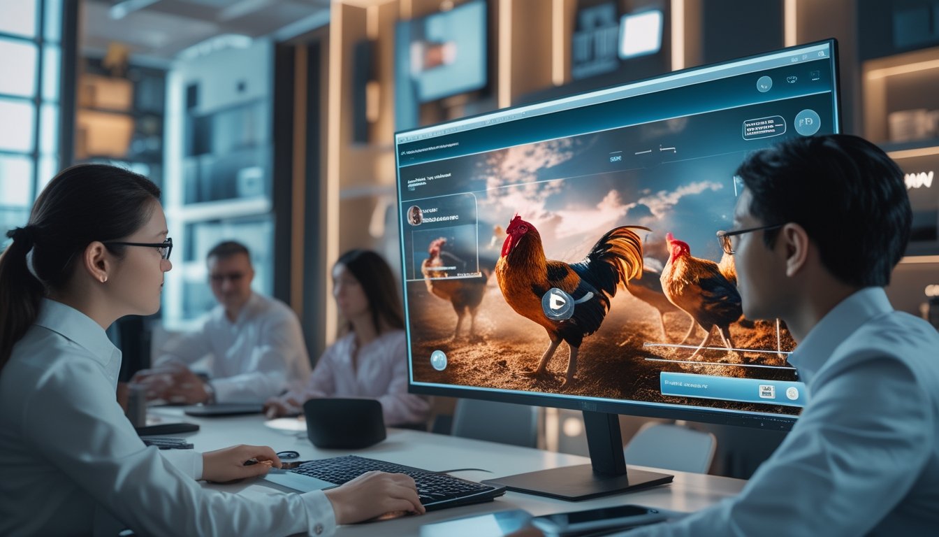 Orang-orang sedang menggunakan komputer dengan tampilan streaming langsung sabung ayam berkualitas tinggi di lingkungan kantor modern.