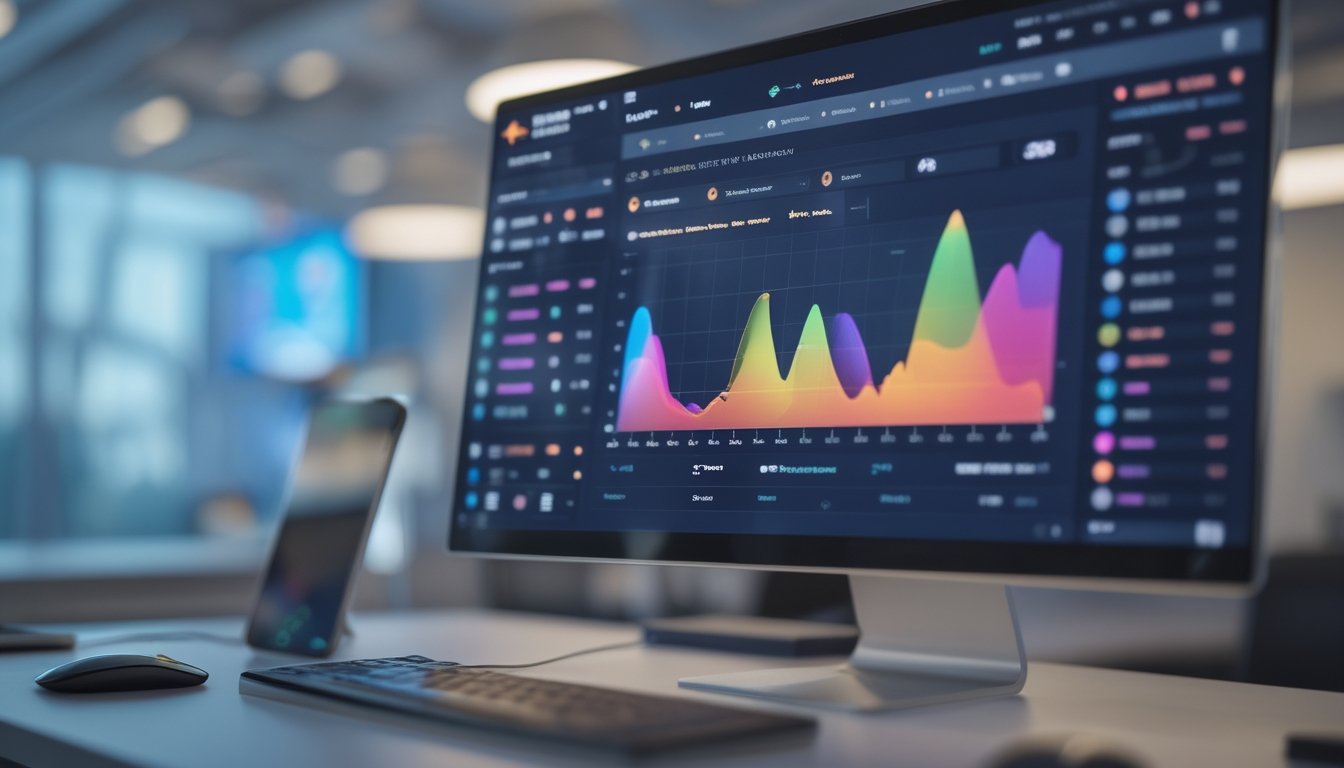 Layar komputer di kantor modern menampilkan dashboard interaktif dengan grafik dan statistik terkait platform permainan daring.