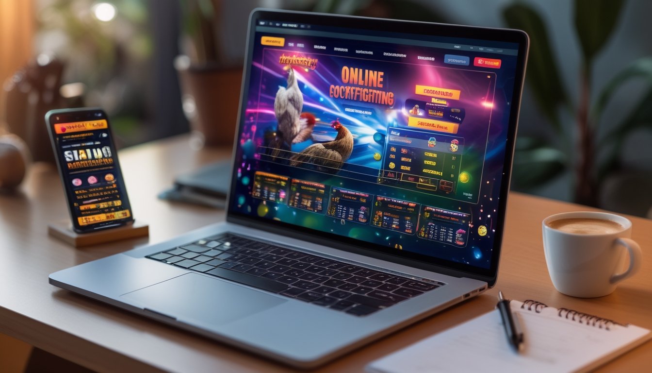 Seorang pengguna duduk di depan laptop yang menampilkan situs taruhan sabung ayam online dengan suasana ruang kerja yang nyaman.