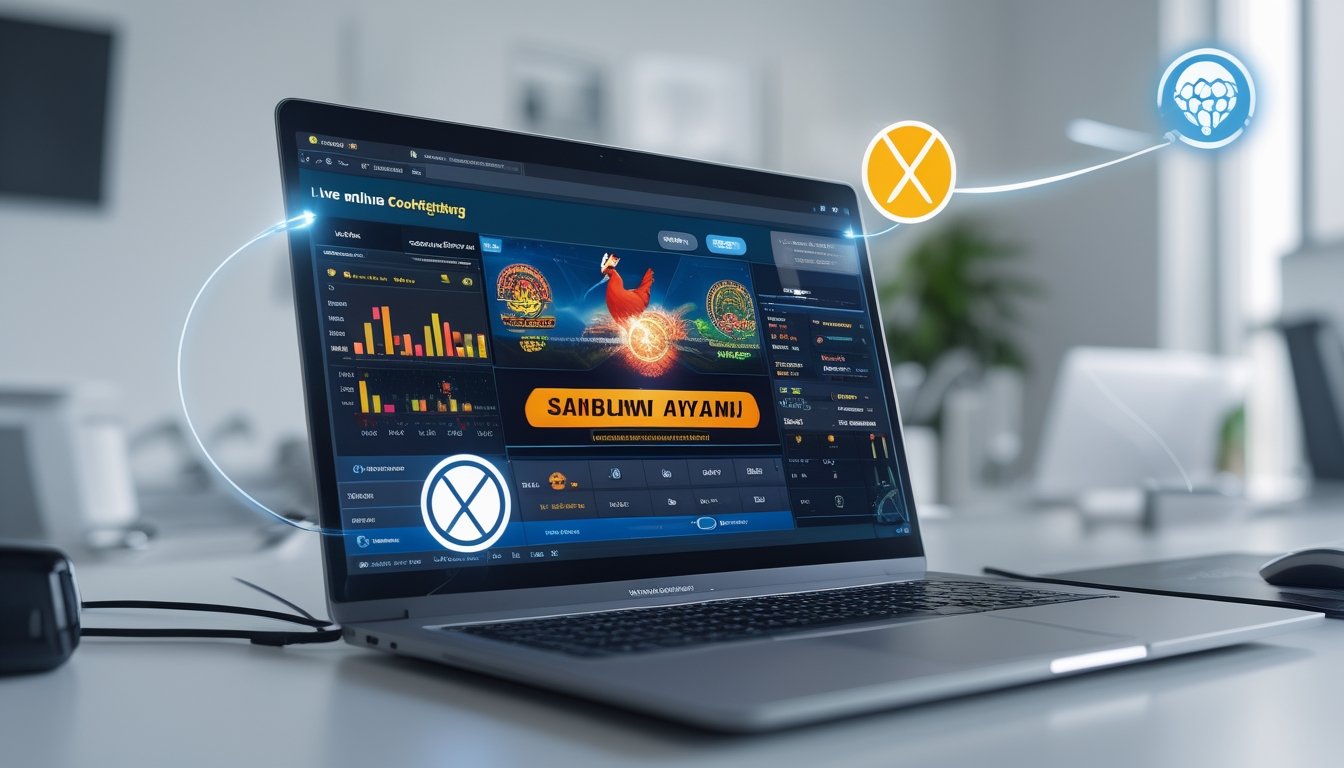 Sebuah ruang kerja modern dengan laptop yang menampilkan antarmuka permainan online sabung ayam dan elemen yang menunjukkan koneksi internet tanpa VPN.