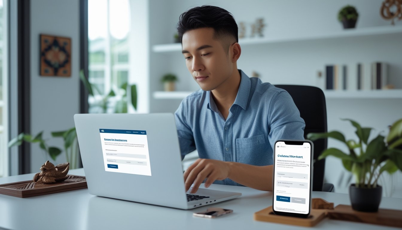 Seorang pria Indonesia duduk di meja kerja dengan laptop dan smartphone, fokus menggunakan perangkat digital di ruang kerja yang terang dan rapi.