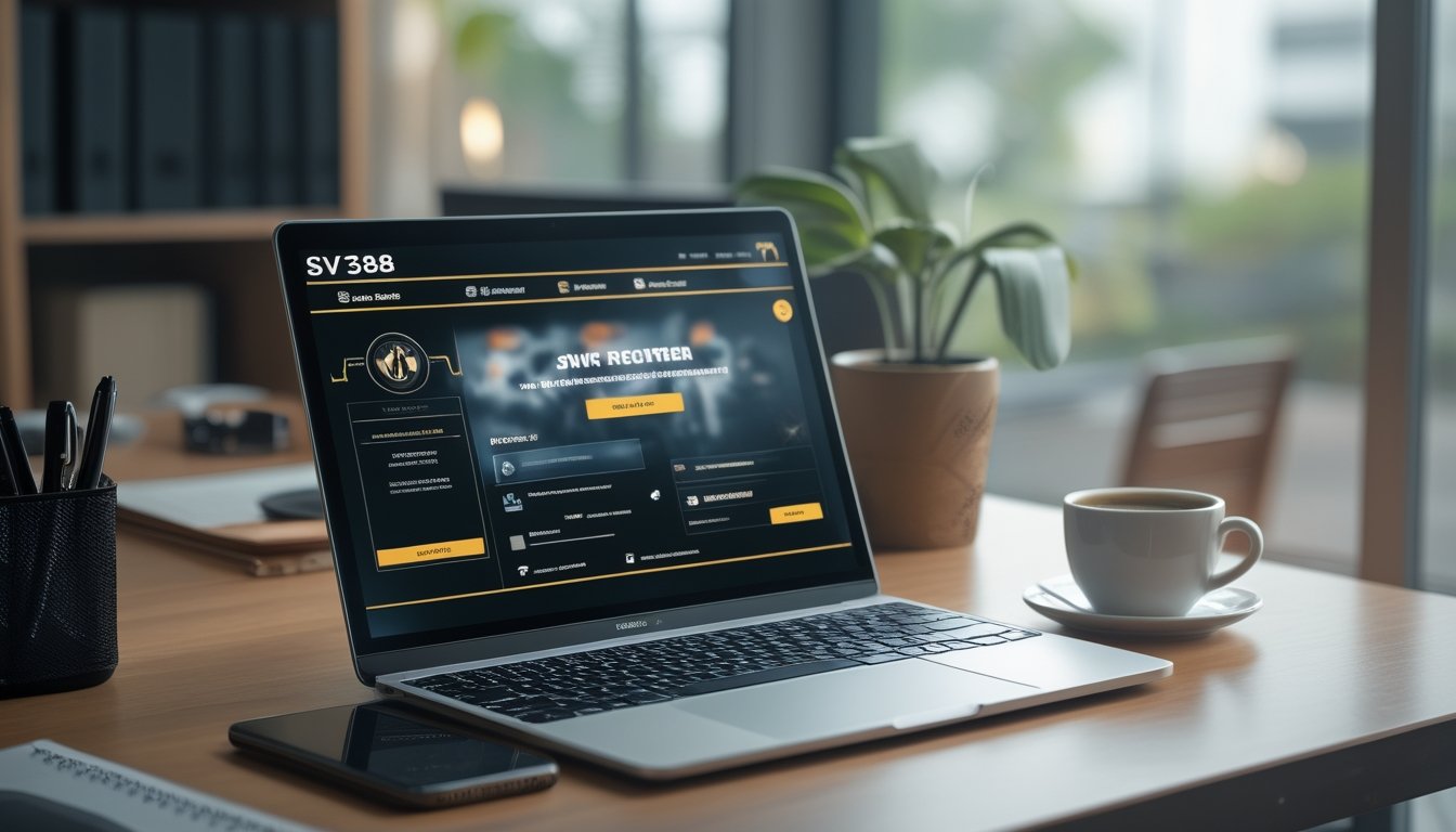 Meja kerja dengan laptop yang menampilkan situs pendaftaran akun, dikelilingi alat tulis dan cangkir kopi di ruangan yang terang.