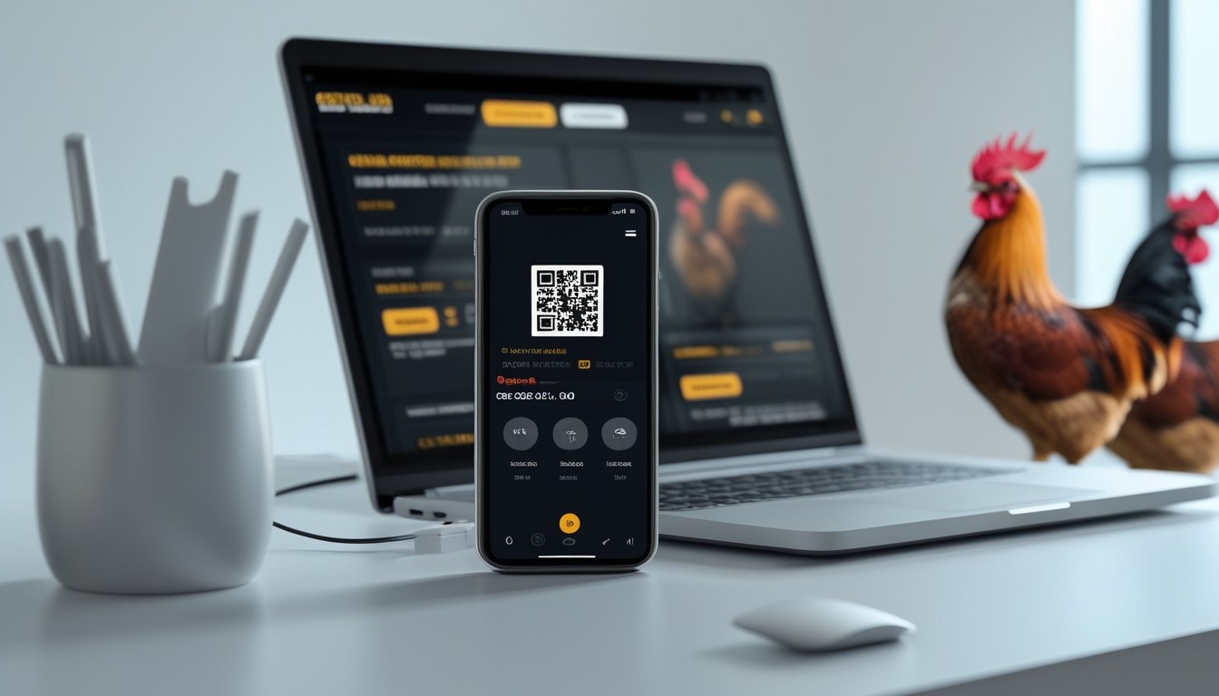 Smartphone dengan kode QRIS di meja dekat laptop yang menampilkan situs sabung ayam online.