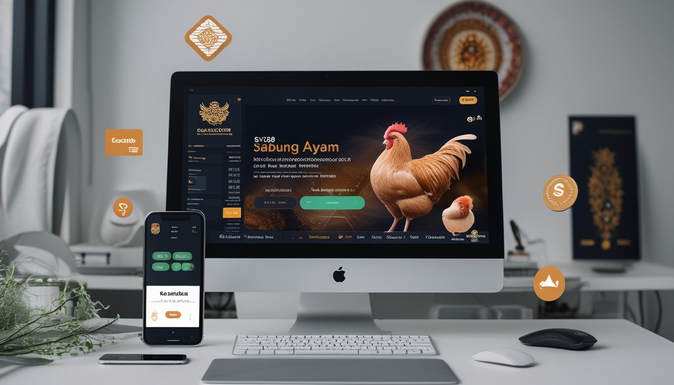 Seorang pengguna duduk di depan komputer dengan layar menampilkan situs taruhan sabung ayam online, di samping ada ponsel yang menunjukkan kode QR untuk pembayaran digital.