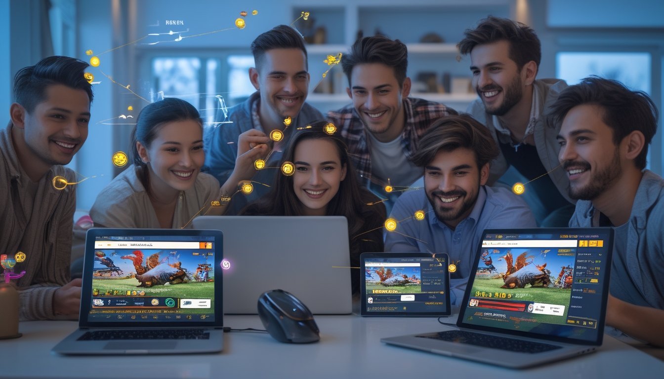 Sekelompok orang muda sedang menggunakan perangkat digital untuk mengikuti pertandingan sabung ayam secara online di ruang tamu yang modern.