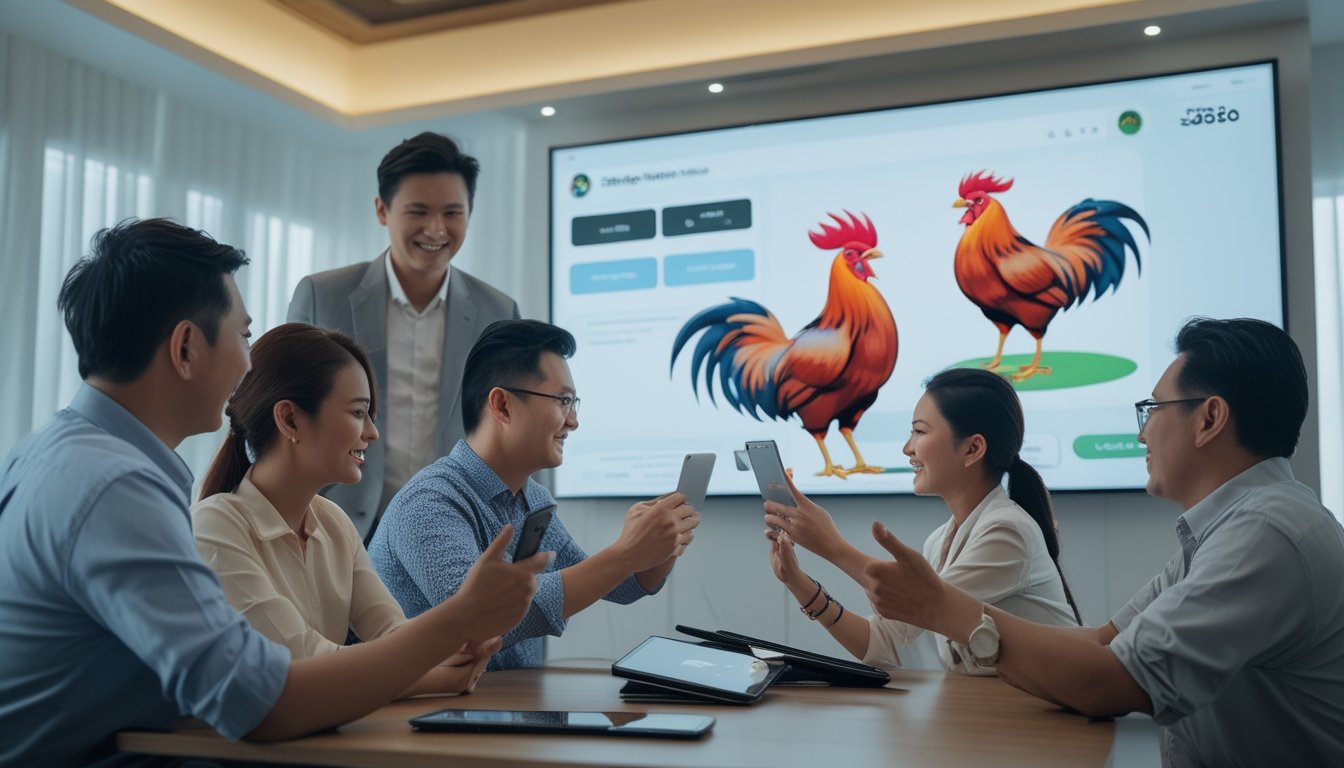 Orang-orang menggunakan perangkat digital untuk melihat pertarungan ayam secara online di ruangan modern.