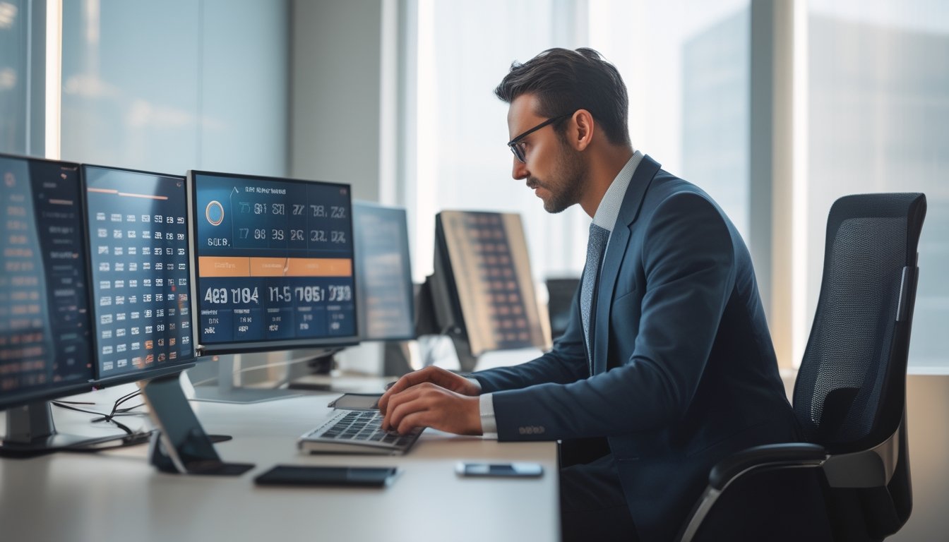 Seorang profesional sedang bekerja di depan komputer dengan beberapa layar yang menampilkan data pasar resmi togel di kantor modern.