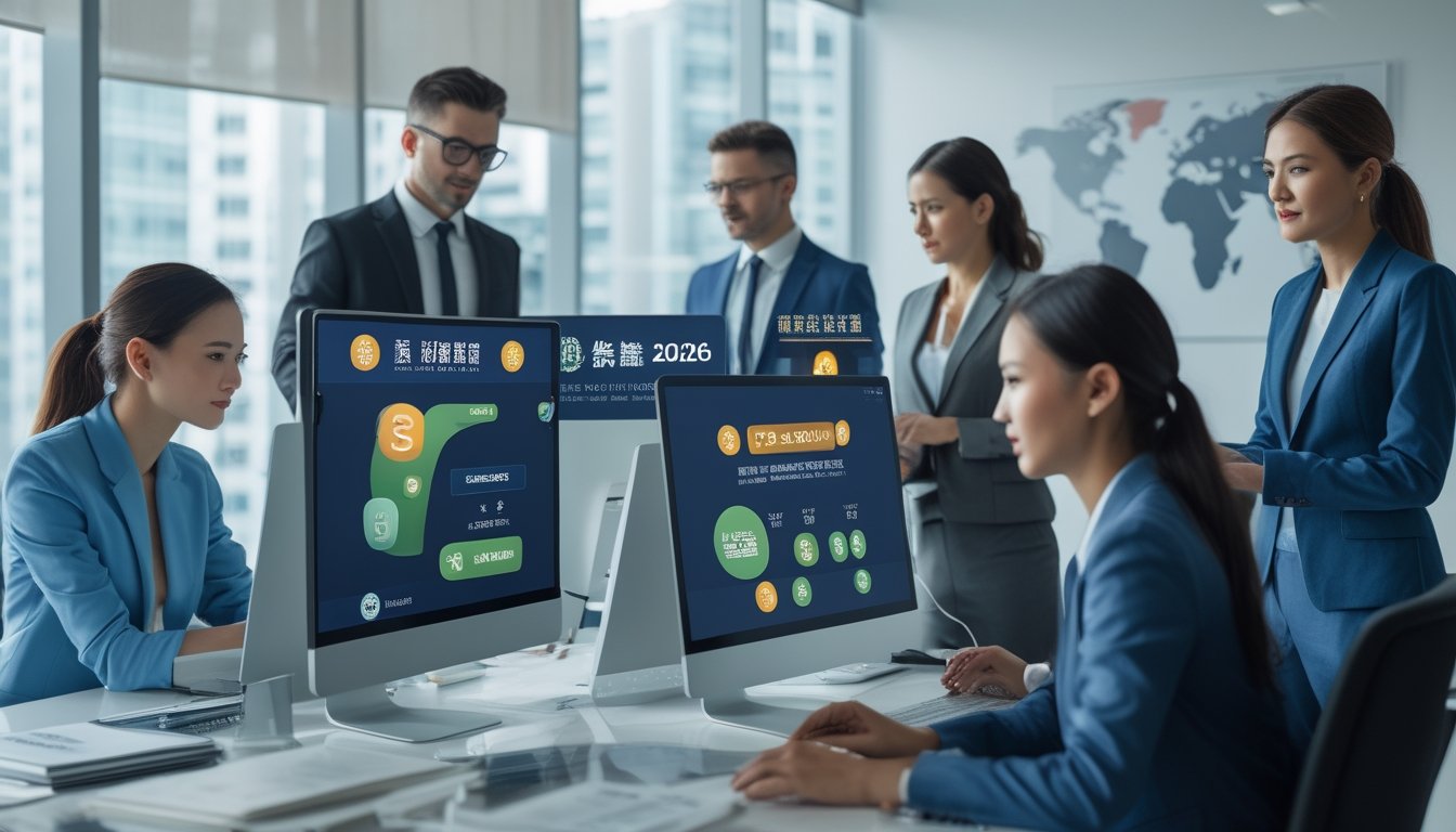 Beberapa profesional bekerja di kantor modern dengan komputer yang menampilkan data terkait pasar togel Hong Kong tahun 2026.