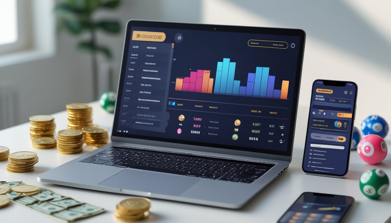 Meja kerja modern dengan laptop dan smartphone yang menampilkan antarmuka permainan lotere online, dikelilingi oleh koin emas dan bola lotere.
