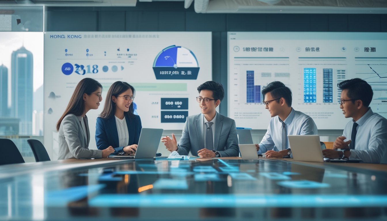 Sekelompok profesional muda bekerja bersama di kantor modern dengan perangkat digital yang menampilkan aktivitas lotere online, latar belakang menampilkan siluet kota Hong Kong.