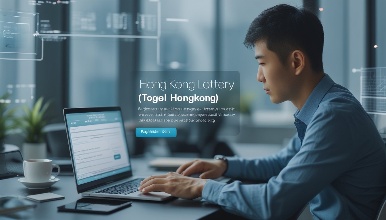 Seorang pria muda duduk di meja kantor menggunakan laptop dengan perangkat teknologi di sekitarnya, menunjukkan proses pendaftaran online.