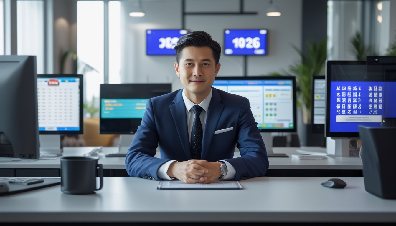 Seorang pria Asia duduk di meja kantor dengan beberapa layar komputer menampilkan angka lotere dan grafik.
