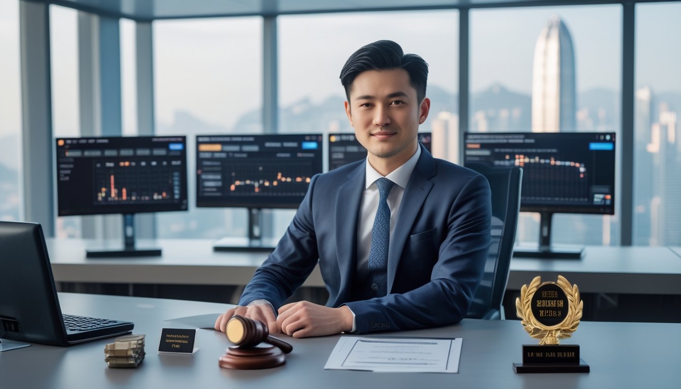 Seorang pria Asia duduk di depan komputer dengan data lotre online Hong Kong, di sebuah kantor modern dengan pemandangan kota di belakangnya.