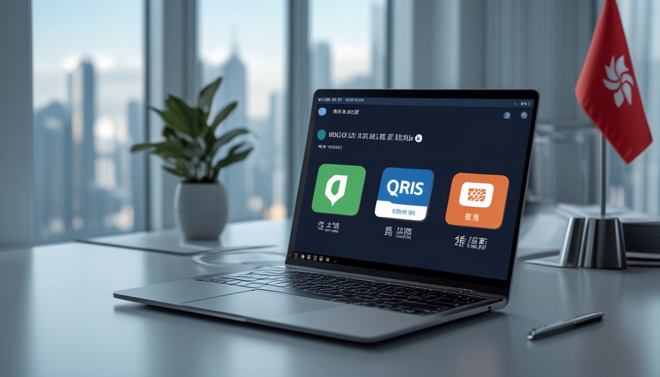 Meja kerja modern dengan laptop yang menampilkan antarmuka pembayaran digital dan latar belakang kota Hong Kong.