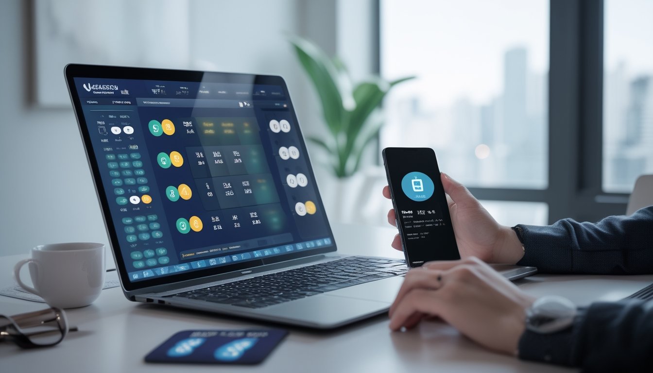 Seorang pria di meja kerja menggunakan laptop dengan layar menampilkan antarmuka permainan lotre digital, di sampingnya terdapat ponsel yang menunjukkan kode QR untuk pembayaran, di ruang kantor yang bersih dan terang.